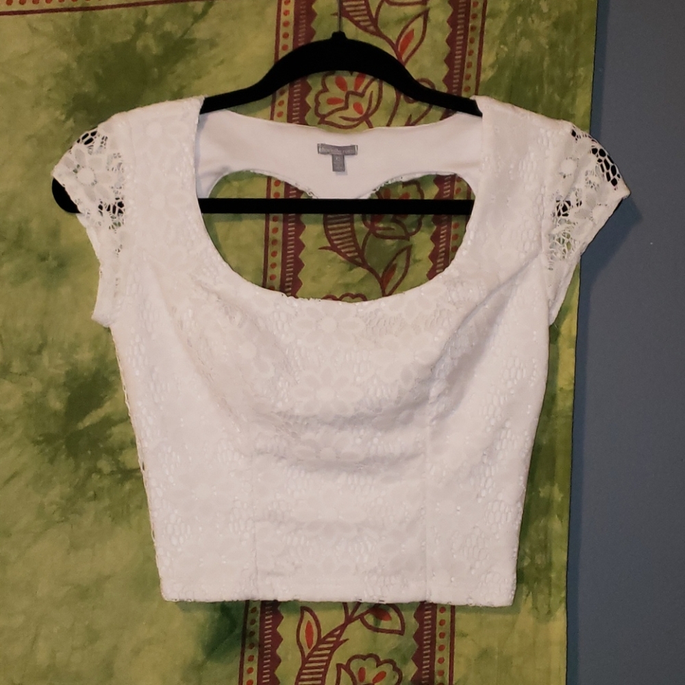 Charlotte russe lace heart cut out back crop top